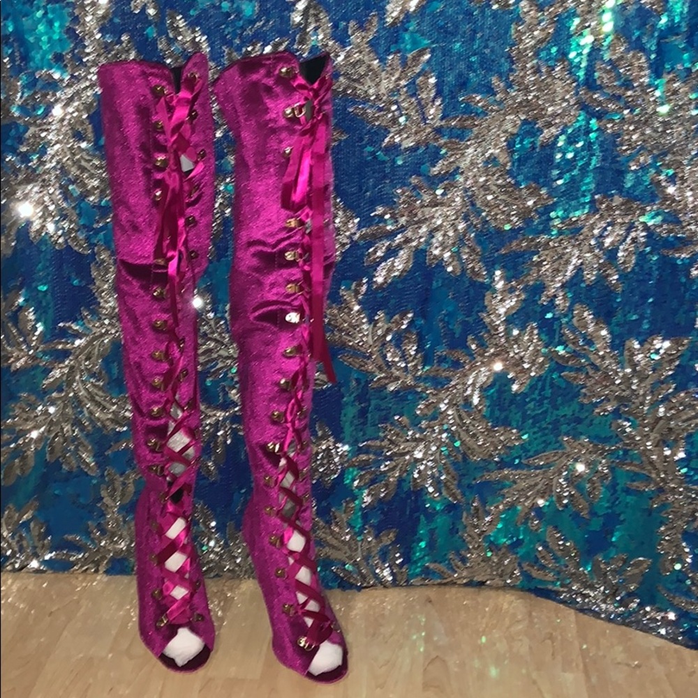 Purple Velvet Thigh High Laced Heeled Boots
